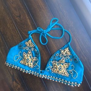 Beaded blue triangle bikini top